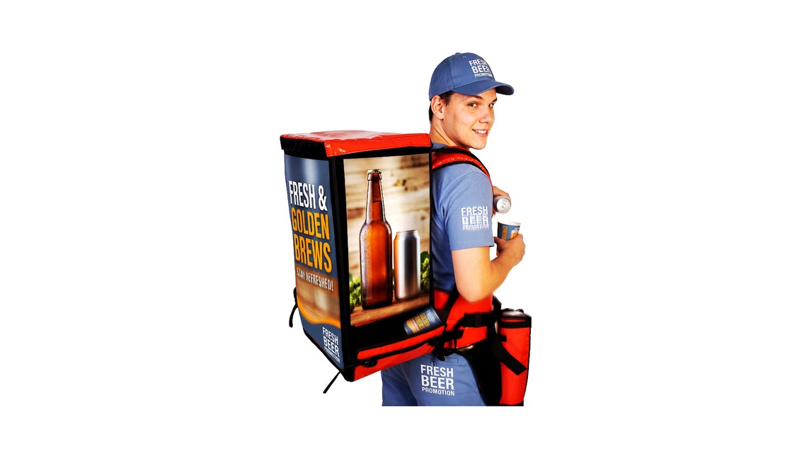 Promoter utilizing a portable backpack system for direct marketing and mobile service on-the-go.