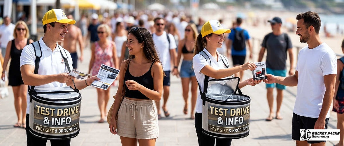 Sampling hawking tray for person-to-person product tasting in Toronto's Distillery District, ideal for marketing agencies and experiential brand campaigns.