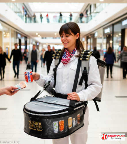 Cape Town street food market hawker’s tray for takeaway coffee service and customer activation through live shopping experience.