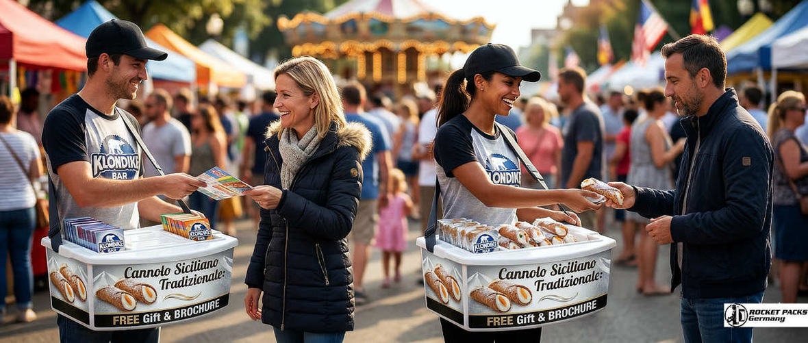Professional trade show sampling tray for cannoli brand activation in Las Vegas, mobile vending solution with full-color logo wrap for corporate event marketing and shopper activation.