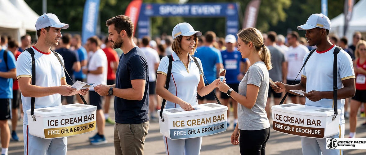 Branded usherette tray for sampling at London West End cinema premieres, featuring hands-free vending solution for high-traffic event marketing.