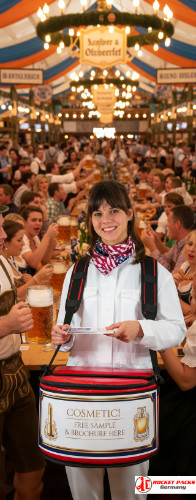 Hawker’s tray at Vancouver Music Festival showcasing mobile beverage service, trendy gastronomy, live communication, event partner integration and strong brand appearance.
