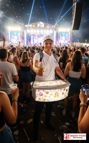 Vending tray at a Los Angeles open-air concert enabling mobile beverage distribution, visual marketing exposure, sales promotion and audience catering during a high-energy live event.