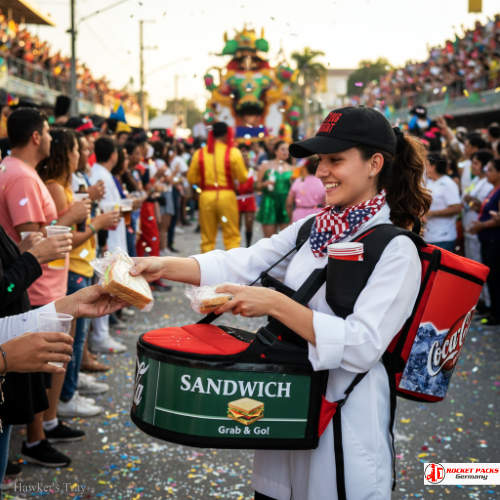 Vendor tray offering beer-to-go service in a Manchester football stadium with dense live audience engagement.