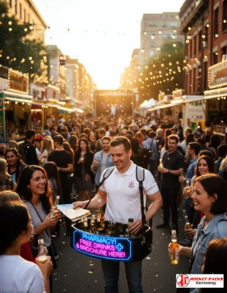 Vendor tray distributing drinks on-the-go at Toronto Film Festival for shopper activation.