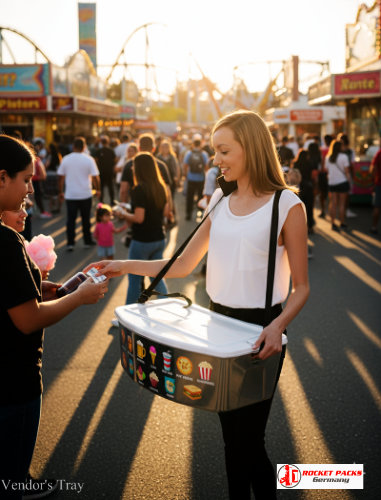 Vendor tray supporting take-away drink service at a Chicago music festival with strong crowd engagement and on-the-go sampling.