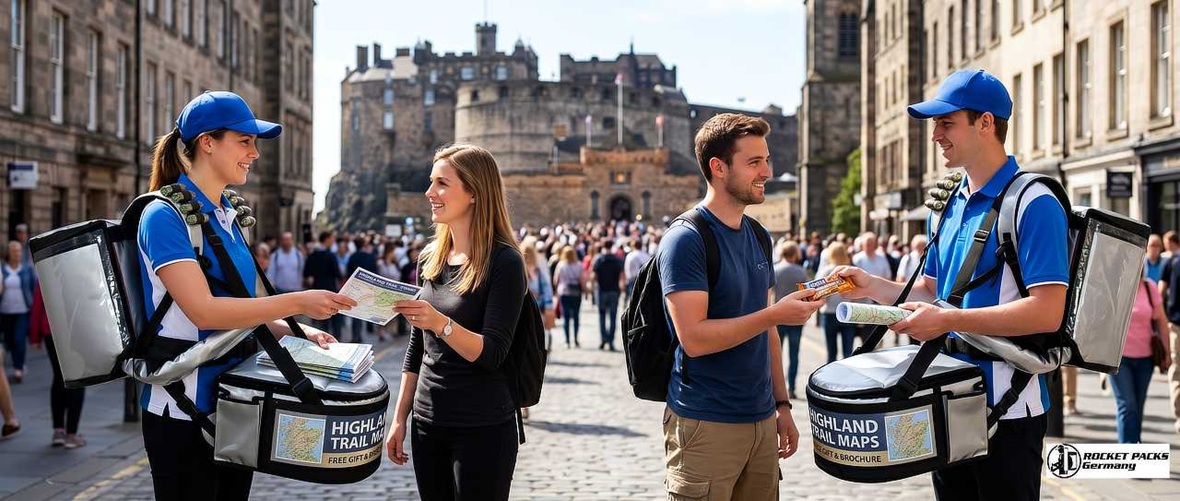 Professional promoter wearing an ergonomic vendor tray from Vendors Belly Tray, handing out flyers to tourists on the Royal Mile in Edinburgh