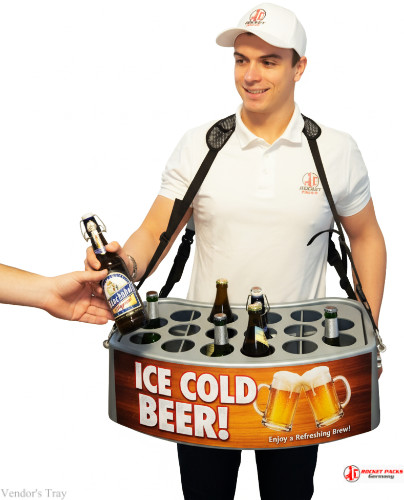 Vendor’s tray offering beer tasting at Cape Town outdoor wine festival.