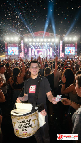 Vendor’s tray at the Boston Marathon supplying mobile hydration, runner support and real-time live event communication with large outdoor crowds.