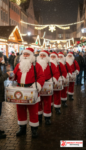 A fully equipped vendor’s tray at the Berlin Gendarmenmarkt Christmas Market during a crowded winter evening, serving mulled wine and roasted almonds beneath warm golden festive lights, surrounded by historical buildings, choirs and tourist families, showcasing a mobile sales solution for open-air holiday events, human-to-human interaction, tasting and spontaneous walk-up purchases