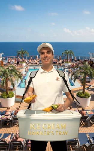 Vendor’s tray offering coffee-to-go during London open-air food market.