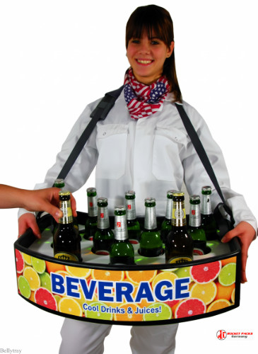 Functional vendor’s tray at Dublin St. Patrick’s Day Festival promoting beer to go with live sampling and street-level POS marketing.