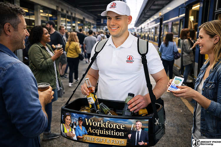 Versatile vendors tray for experiential marketing and person-to-person sampling, enhancing brand presence at a Chicago Christmas market.