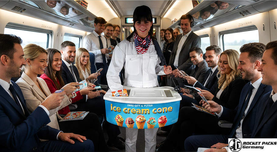 Mobile vendors tray for ice cream bar sales promotion and live audience catering at a Manchester music arena.