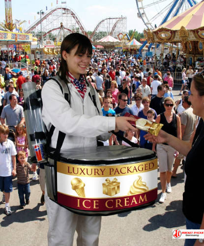 Vendor’s tray at a Miami beach festival enabling mobile catering, cold drink distribution, customer engagement and integrated event marketing campaigns.