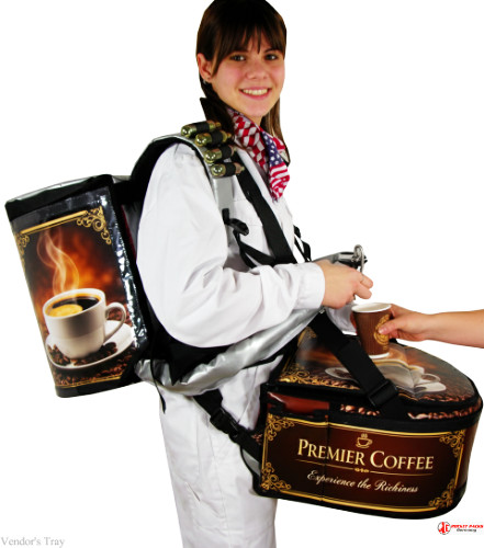 Professional vendor’s tray used in London open-air concert for beer-to-go service and live event marketing promotion on-the-go.