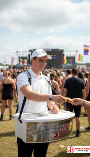 Vendor’s tray operator at Boston Marathon offering on-the-go hydration service, consumer engagement and mobile event marketing.