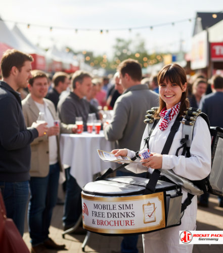 Vendor’s tray operator at Vancouver Film Festival outdoor screenings offering mobile drink service, live marketing and brand message distribution.
