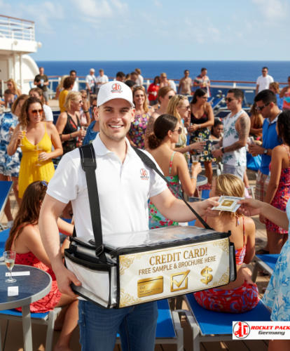 Professional vendor’s tray operator at New York Central Park Summer Festival offering mobile drink service, shopper activation, brand message delivery and high-impact POS promotion during a vibrant live event with high foot traffic.