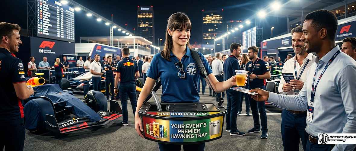 Coffee promoter offering coffee to go from a wearable vending tray during a street marketing promotion.